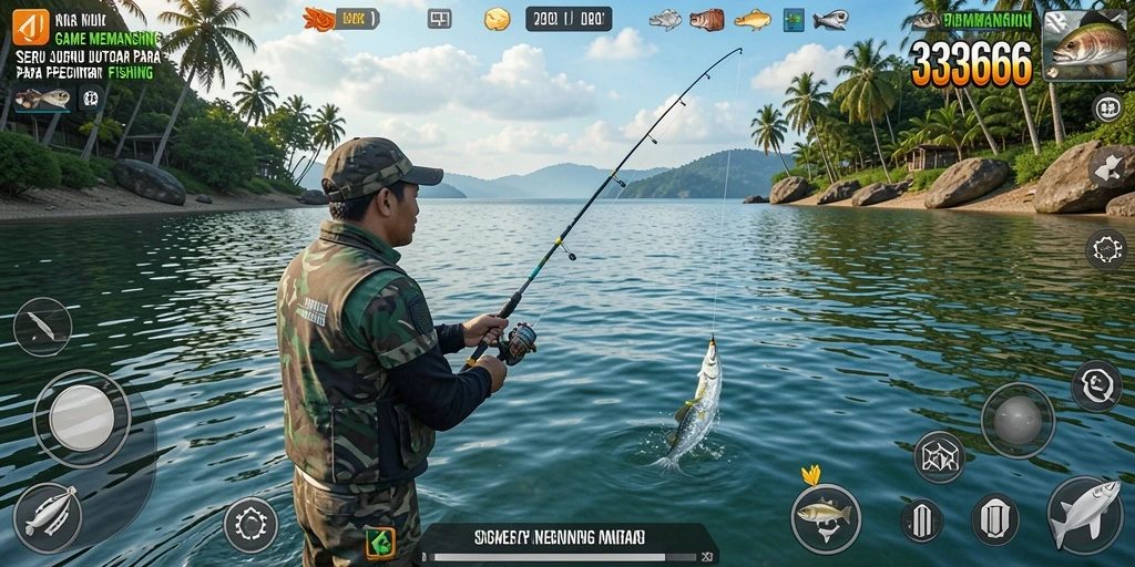 Tampilan gameplay 333666 menampilkan keseruan memancing yang mendebarkan.