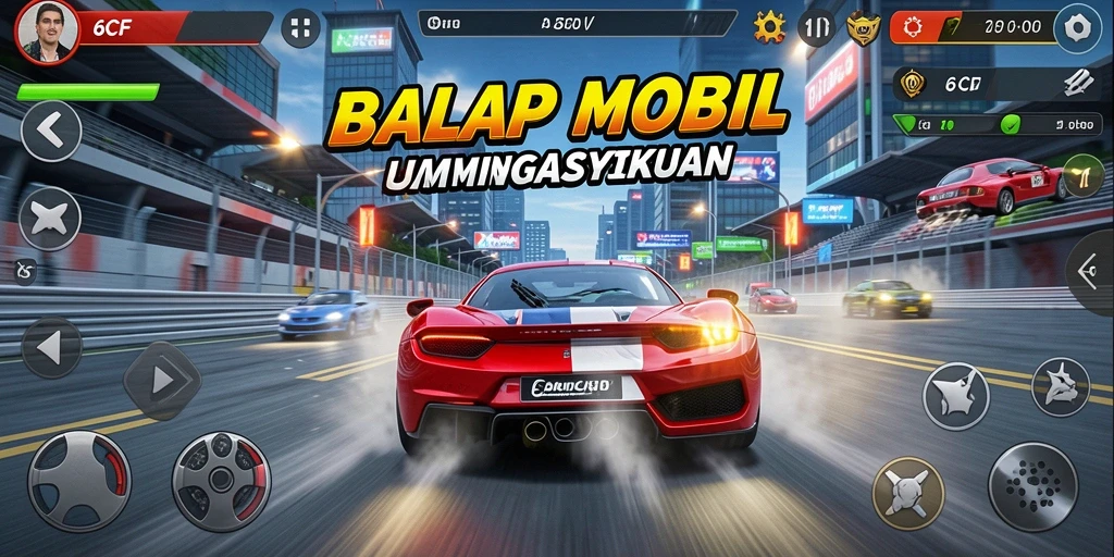 Screenshot dari gameplay 6CF yang menampilkan mobil balap di lintasan.