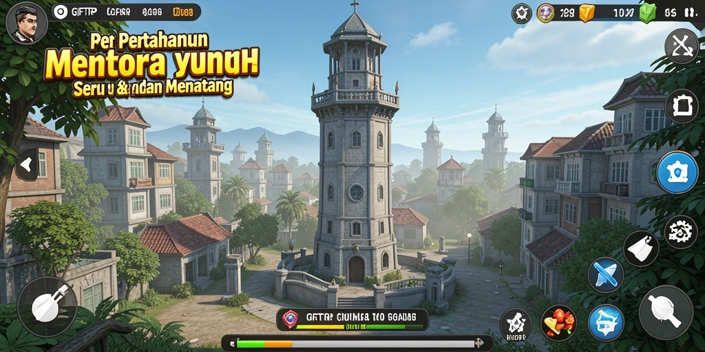 Tampilan menara dan musuh dalam gameplay Tower Defense yang menantang.