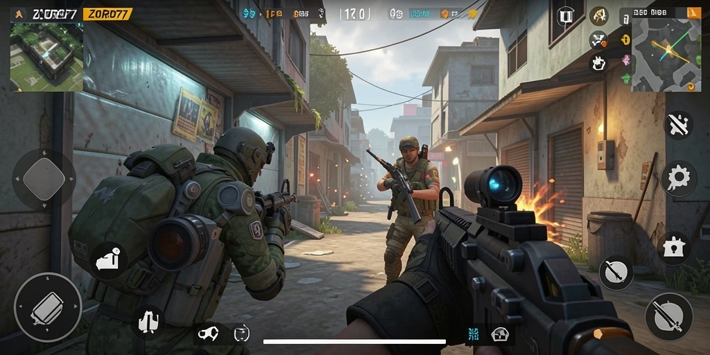 Screenshot gameplay ZORO77 yang intens saat pertarungan FPS.